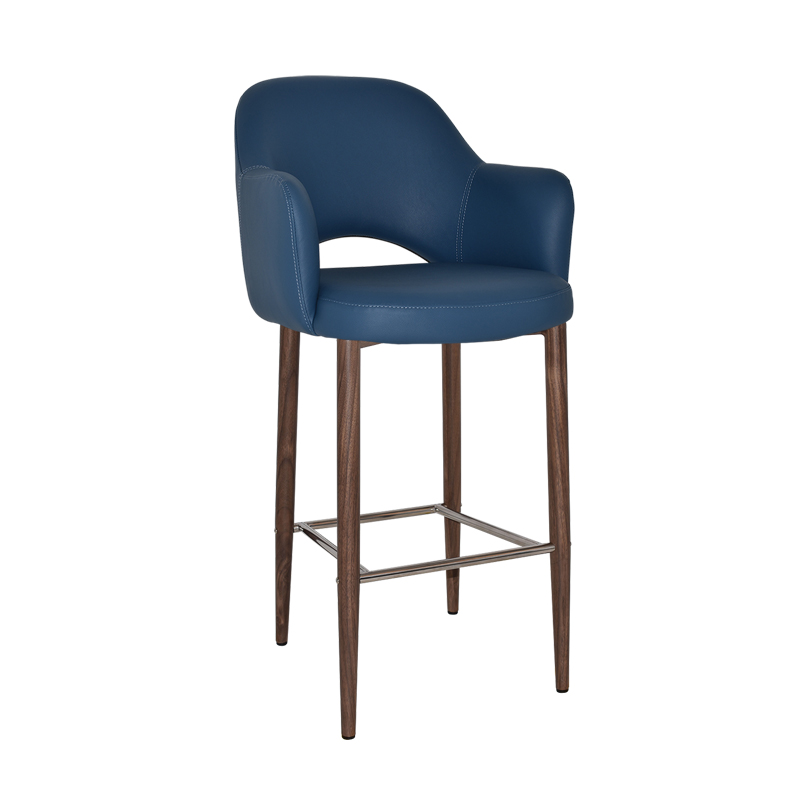 Vinyl Blue fabric stool on timber 4 leg